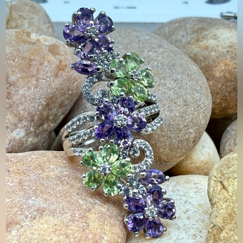 Amethyst Peridot Floral Cocktail Ring 5ctw Platinum SS Sz 6 NWT - Picture 6 of 16